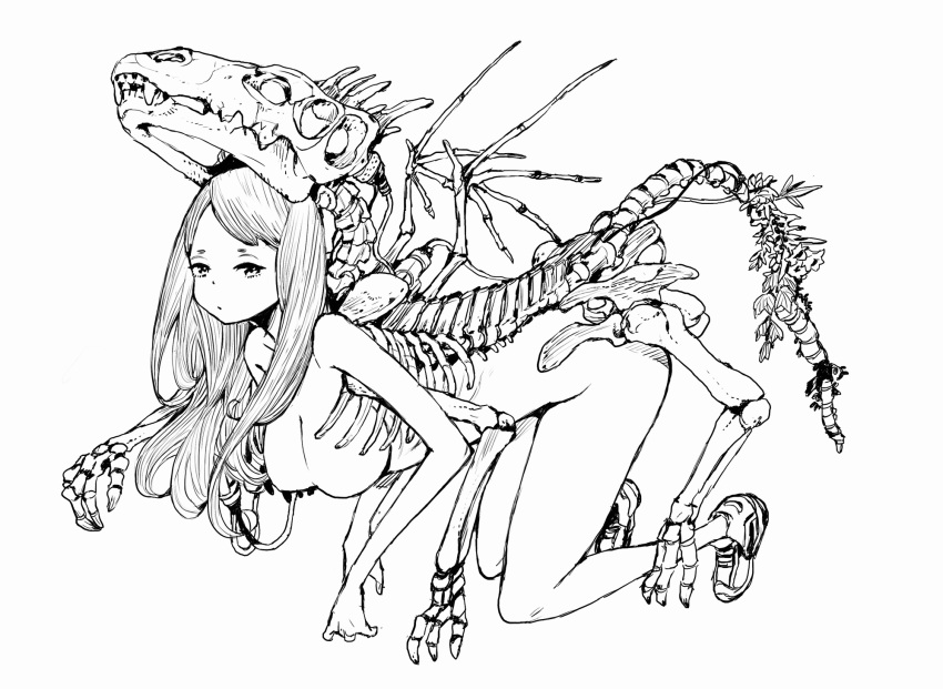 1girl acky_bright bangs breasts expressionless flower highres leaf long_hair medium_breasts monochrome original shoes simple_background skeletal_wings skeleton solo white_background wings