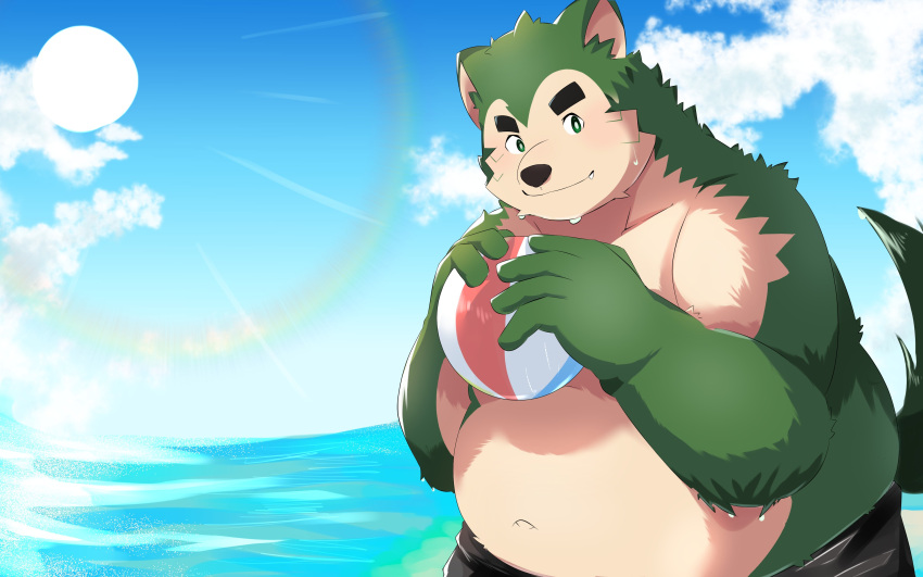 2022 absurd_res anthro ball belly big_belly canid canine canis cloud detailed_background domestic_dog green_body hi_res humanoid_hands kemono lifewonders live-a-hero male mammal mokdai navel outside overweight overweight_male pig_p0318 solo sun video_games water