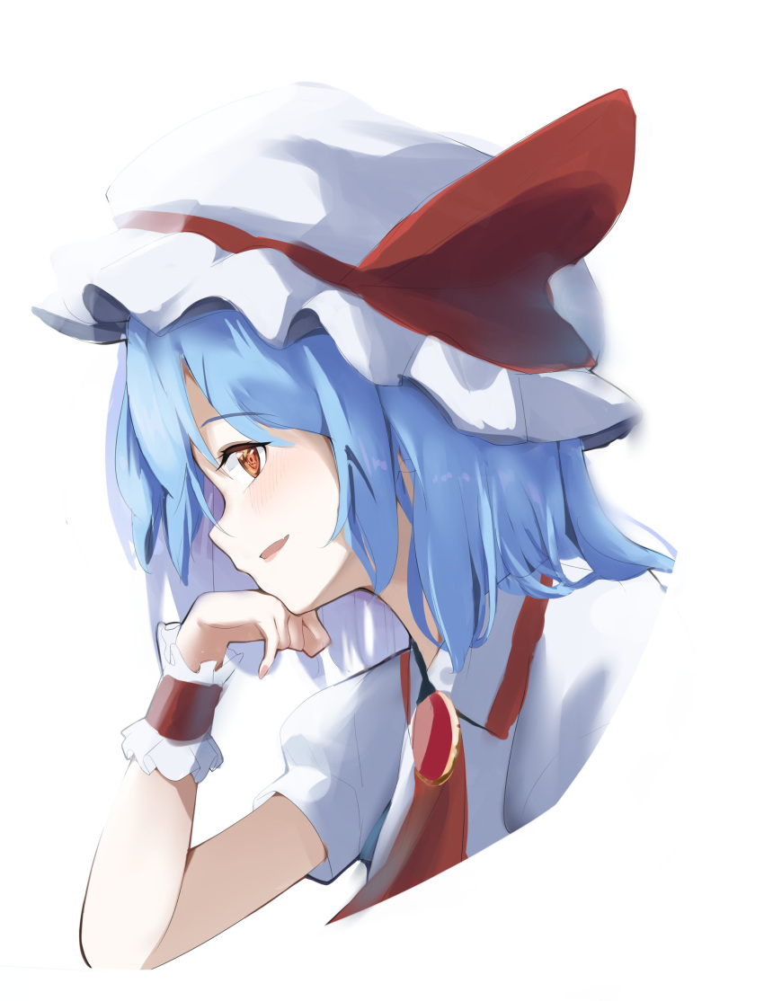 1girl 258n absurdres ascot bangs blue_hair eyebrows_visible_through_hair from_side hat hat_ribbon highres looking_at_viewer open_mouth portrait red_ascot red_eyes red_ribbon remilia_scarlet ribbon short_hair short_sleeves solo touhou white_headwear wrist_cuffs