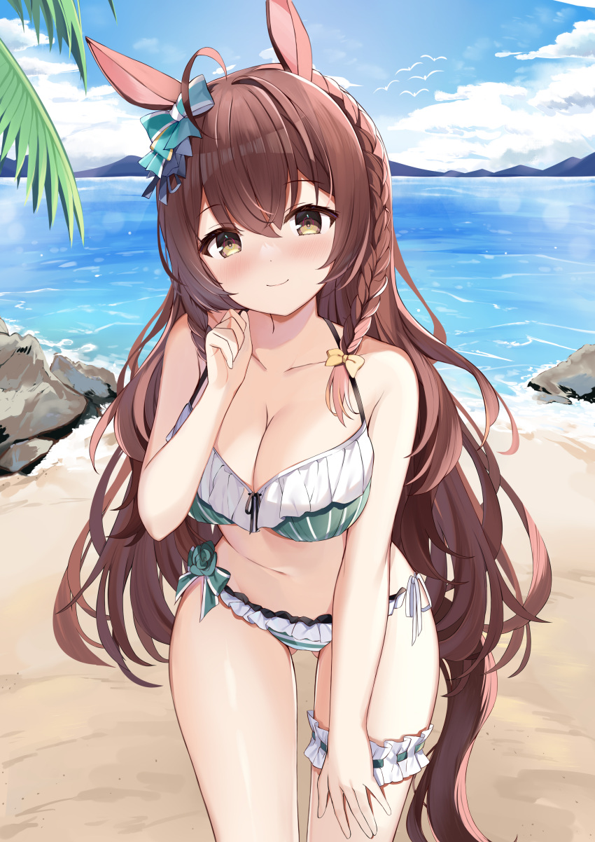 1girl absurdres animal_ears bare_arms bare_shoulders bikini blue_sky blush bow braid breasts brown_eyes brown_hair cleavage closed_mouth cloud collarbone commentary_request day frilled_bikini frills fuyuki030 green_bikini hair_bow hand_up highres horse_ears horse_girl horse_tail large_breasts long_hair looking_at_viewer mejiro_bright_(umamusume) mountain outdoors side-tie_bikini sky smile solo striped striped_bikini swimsuit tail umamusume vertical-striped_bikini vertical_stripes very_long_hair water yellow_bow
