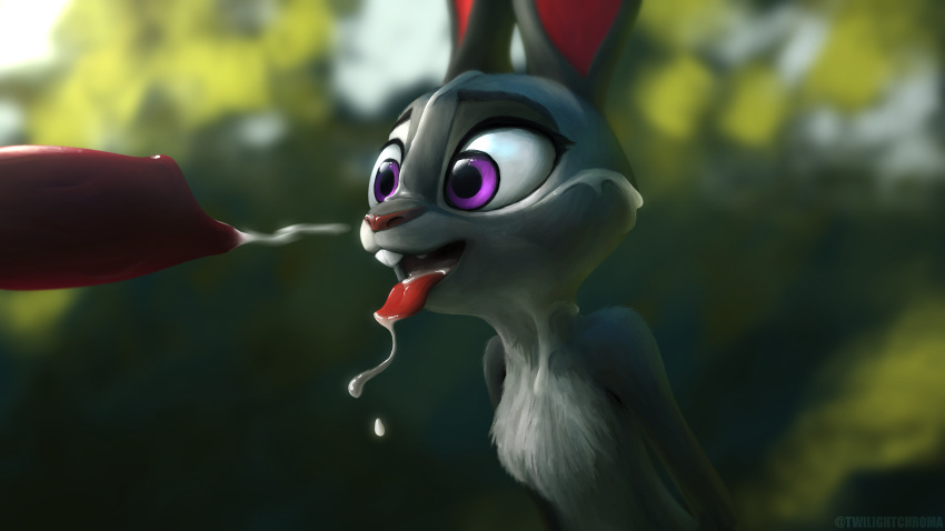 absurd_res anthro bodily_fluids canid canine cum cum_in_mouth cum_inside cum_on_face digital_media_(artwork) disney ejaculation erection female fox fur genital_fluids genitals grey_body hi_res judy_hopps lagomorph leporid male male/female mammal nick_wilde nude offscreen_character orgasm penis purple_eyes rabbit smile solo twilightchroma widescreen zootopia