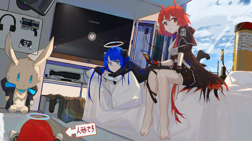 2girls absurdres airnery arknights arrow_(symbol) bangs barefoot between_legs black_gloves black_jacket black_legwear black_skirt blue_eyes blue_hair blue_sky breasts cloud cloudy_sky commentary_request controller day demon_girl demon_horns demon_tail eyebrows_visible_through_hair fiammetta_(arknights) flat_screen_tv game_console game_controller gloves gun hair_between_eyes halo hand_between_legs headphones highres holding holding_controller horns indoors jacket long_hair looking_at_viewer lying medium_breasts mostima_(arknights) multiple_girls no_shoes on_stomach open_clothes open_jacket parted_lips playstation red_eyes red_hair shirt sitting skirt sky stuffed_animal stuffed_bunny stuffed_toy tail television thighhighs weapon white_shirt window