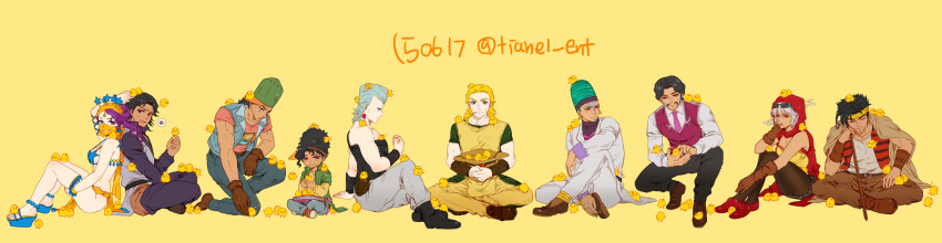 2girls 6+boys back-to-back bird black_hair blonde_hair boingo cane chick daniel_j._d'arby grey_hair hat highres hol_horse jean_pierre_polnareff jojo_no_kimyou_na_bouken mariah_(jojo) midler multiple_boys multiple_girls n'doul necktie oingo ponytail purple_hair stardust_crusaders steely_dan terence_t._d'arby tianel_ent too_many too_many_chicks vest waistcoat