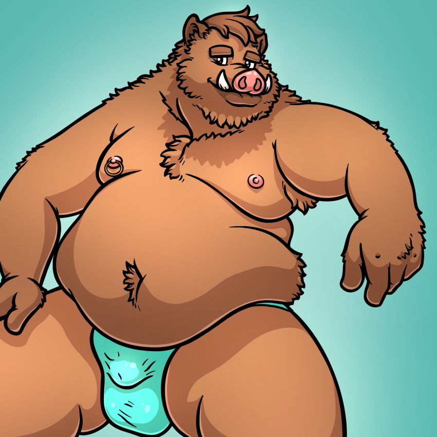 2022 anthro belly big_belly brown_body brown_fur bulge clothing fur hi_res humanoid_hands korndoggychub male mammal moobs nipples overweight overweight_male sitting solo suid suina sus_(pig) underwear wild_boar