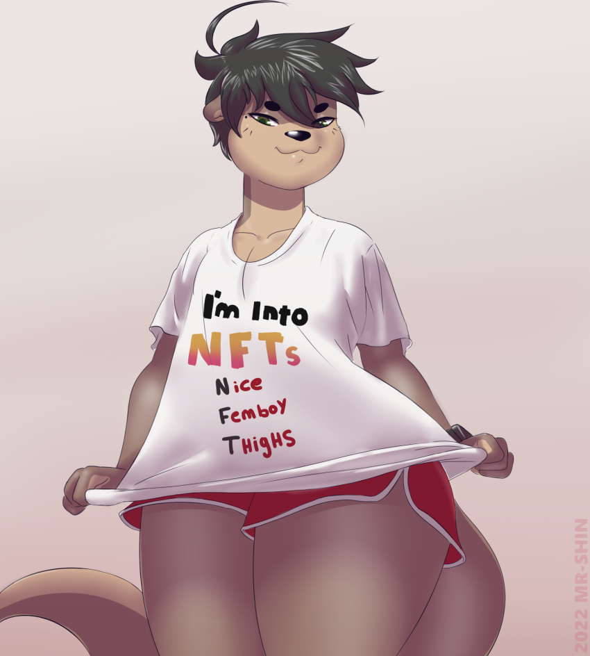 2022 4_fingers ahoge anthro black_hair black_nose bottomwear brown_body brown_fur clock clothing english_text eyebrows fingers front_view fur green_eyes green_pupils grey_background hair hi_res hotpants looking_at_viewer lutrine male mammal meme mr-shin mustelid pupils red_bottomwear red_clothing red_shorts river_otter shin_(mr-shin) shirt shorts simple_background smile smirk solo t-shirt tan_body tan_fur tan_inner_ear text text_on_clothing text_on_shirt text_on_topwear thick_eyebrows thick_thighs topwear watch white_bottomwear white_clothing white_shirt white_shorts white_t-shirt white_topwear wide_hips wristwatch