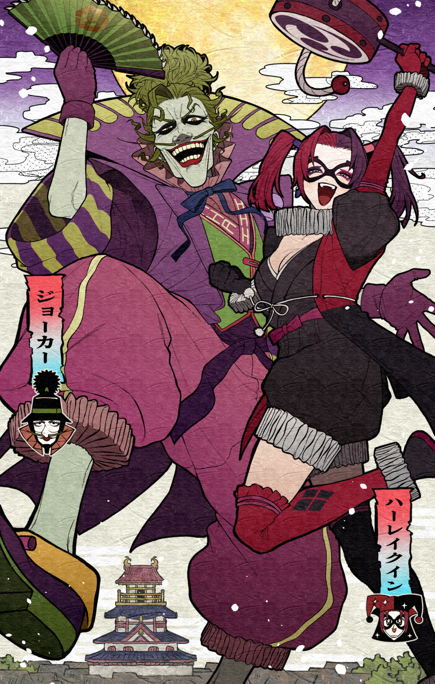 1boy 1girl absurdres architecture batman_(series) batman_ninja character_name cloud dc_comics domino_mask east_asian_architecture facial_hair folding_fan green_hair hand_fan harley_quinn highres japanese_clothes joker_(dc) mask moon mustache purple_hair red_hair thighhighs twintails umum_yuyu