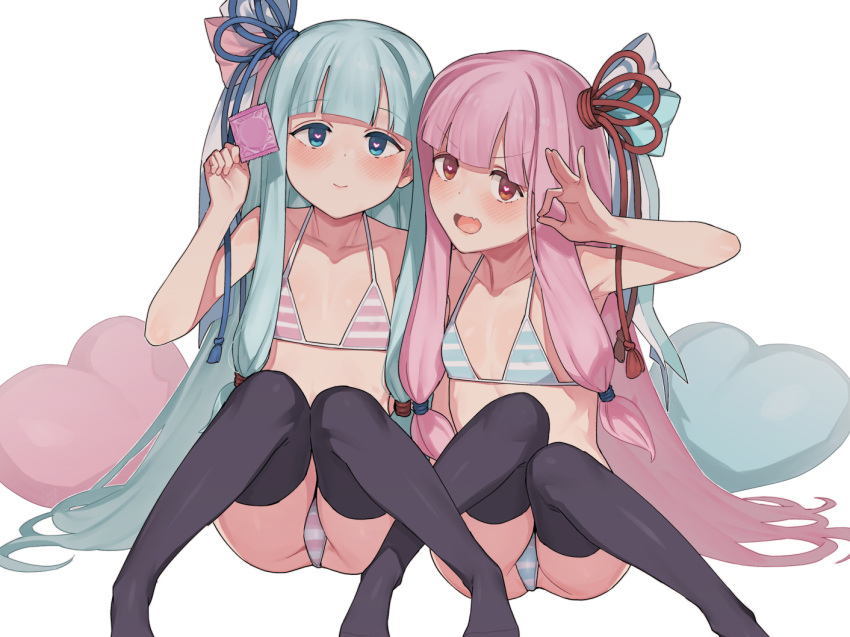 2girls aqua_hair bangs bikini black_legwear blue_eyes blush condom condom_wrapper fang flat_chest hair_ornament heart heart-shaped_pupils heart_pillow holding holding_condom kotonoha_akane kotonoha_aoi long_hair multiple_girls ok_sign open_mouth pillow pink_hair red_eyes rkrk sidelocks simple_background sitting skin_fang smile striped striped_bikini swimsuit symbol-shaped_pupils thighhighs very_long_hair voiceroid white_background