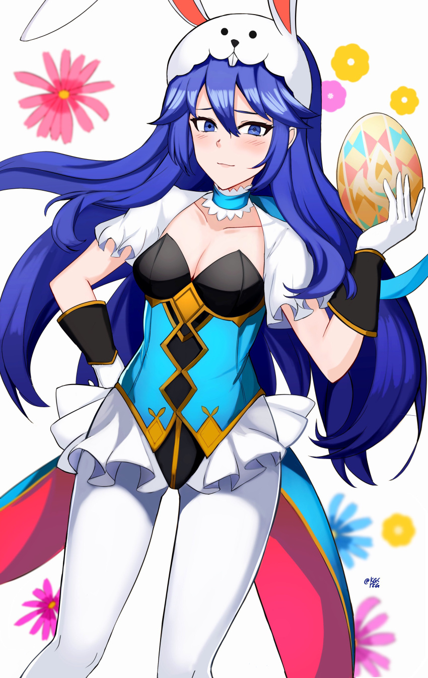 1girl absurdres animal_ears animal_hat blue_eyes blue_hair blush_stickers breasts bunny_hat choker cleavage collarbone easter_egg egg fake_animal_ears fire_emblem fire_emblem_awakening fire_emblem_heroes frilled_choker frills gloves gold_trim hat highres kgctcg leotard lucina_(fire_emblem) lucina_(spring)_(fire_emblem) microskirt pantyhose puffy_short_sleeves puffy_sleeves rabbit_ears see-through short_sleeves skirt small_breasts smile solo underbust white_legwear