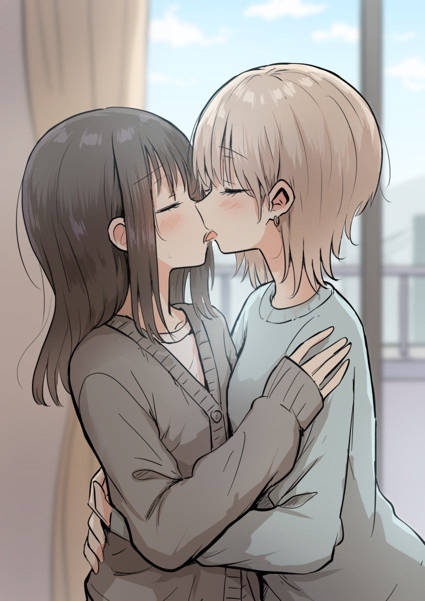 2girls bangs betock blonde_hair brown_hair closed_eyes collarbone earrings eyebrows_visible_through_hair eyelashes from_side hand_on_another's_shoulder highres hug jewelry kiss medium_hair multiple_girls original short_hair sweatshirt tongue tongue_out upper_body yuri