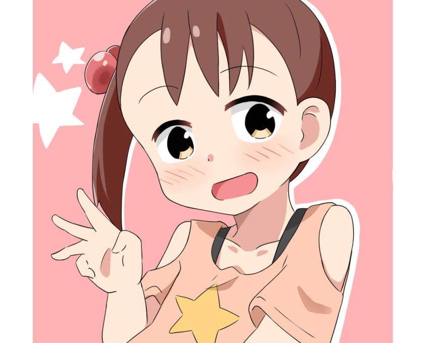 1girl :d akamatsu_yui bangs blush brown_eyes brown_hair brown_shirt child clothing_cutout collarbone commentary_request drop_shadow eyebrows_visible_through_hair hair_bobbles hair_ornament hand_up highres kapuru_0410 long_hair looking_at_viewer mitsuboshi_colors pink_background print_shirt shirt short_sleeves shoulder_cutout side_ponytail smile solo star_(symbol) star_print two-tone_background white_background