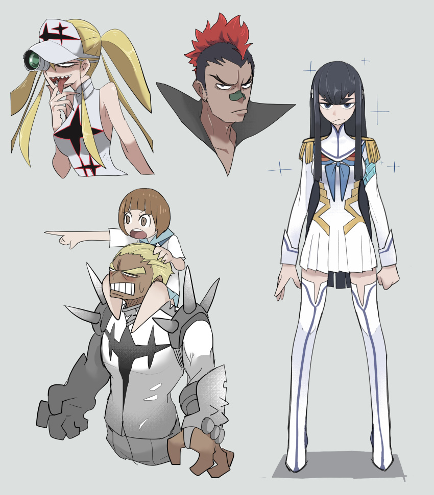 2boys 3girls absurdres bandaid bandaid_on_face bandaid_on_nose bangs black_hair blonde_hair blue_neckerchief boots breasts brown_hair clenched_teeth dark-skinned_male dark_skin dress epaulettes gamagoori_ira grey_background hakodate_omiko highres junketsu kill_la_kill kinagase_tsumugu kiryuuin_satsuki long_hair long_sleeves mankanshoku_mako mohawk multiple_boys multiple_girls neckerchief pointy_ears red_hair sailor_collar sailor_dress school_uniform serafuku sharp_teeth short_hair sidelocks simple_background sleeveless standing sweat teeth thigh_boots thighhighs tirarizun tongue tongue_out twintails very_long_hair visor_cap white_headwear