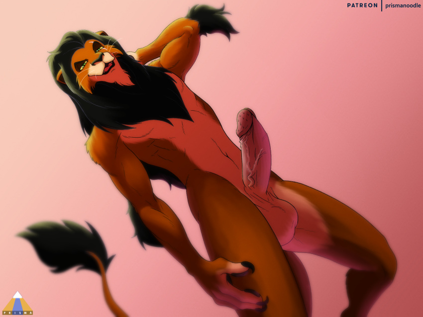 2022 anthro balls digital_media_(artwork) disney erection felid fur genitals hair hi_res humanoid_genitalia humanoid_penis lion looking_at_viewer male mammal nude open_mouth pantherine penile_spines penis prismanoodle_(artist) scar scar_(the_lion_king) simple_background smile solo tail the_lion_king tongue