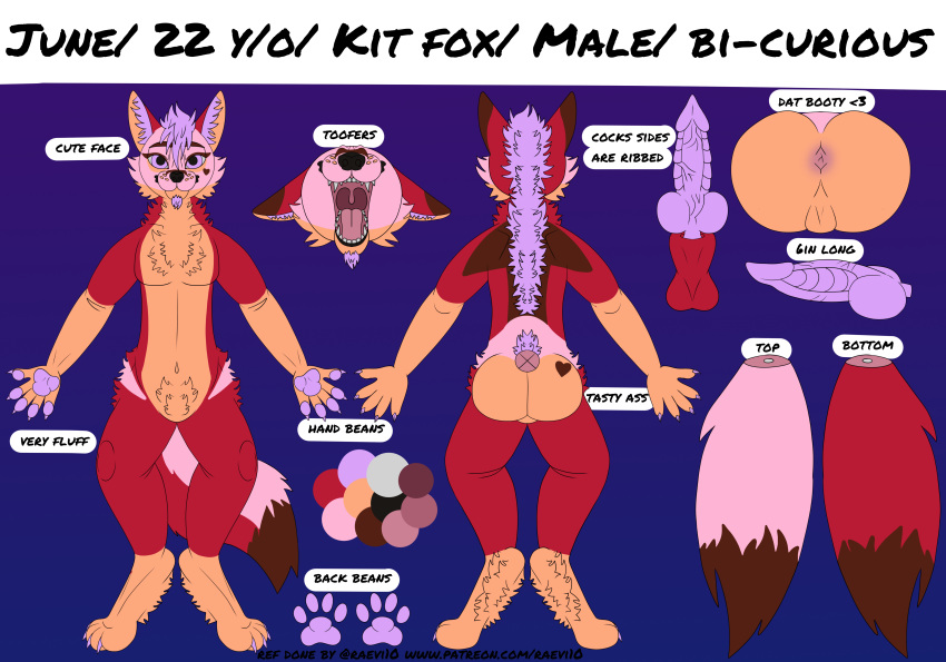 absurd_res animal_genitalia animal_penis anthro canid canine canine_penis flamboyant fox genitals girly hi_res male mammal model_sheet mouth_shot open_mouth penis raevi10 solo