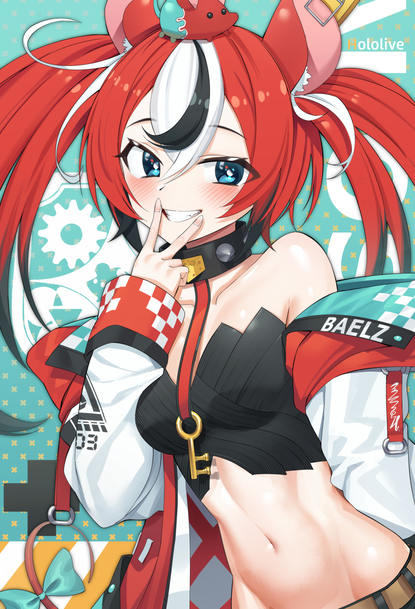 1girl absurdres animal_ears bandeau bare_shoulders blue_eyes breasts collar collarbone crop_top cunnilingus_gesture fang goback grin hakos_baelz highres hololive hololive_english jacket long_hair looking_at_viewer medium_breasts midriff mouse_ears mr._squeaks_(hakos_baelz) multicolored_hair navel off_shoulder open_clothes open_jacket rat red_hair revealing_clothes shirt smile solo stomach strapless strapless_shirt tube_top twintails two-tone_hair v virtual_youtuber white_jacket