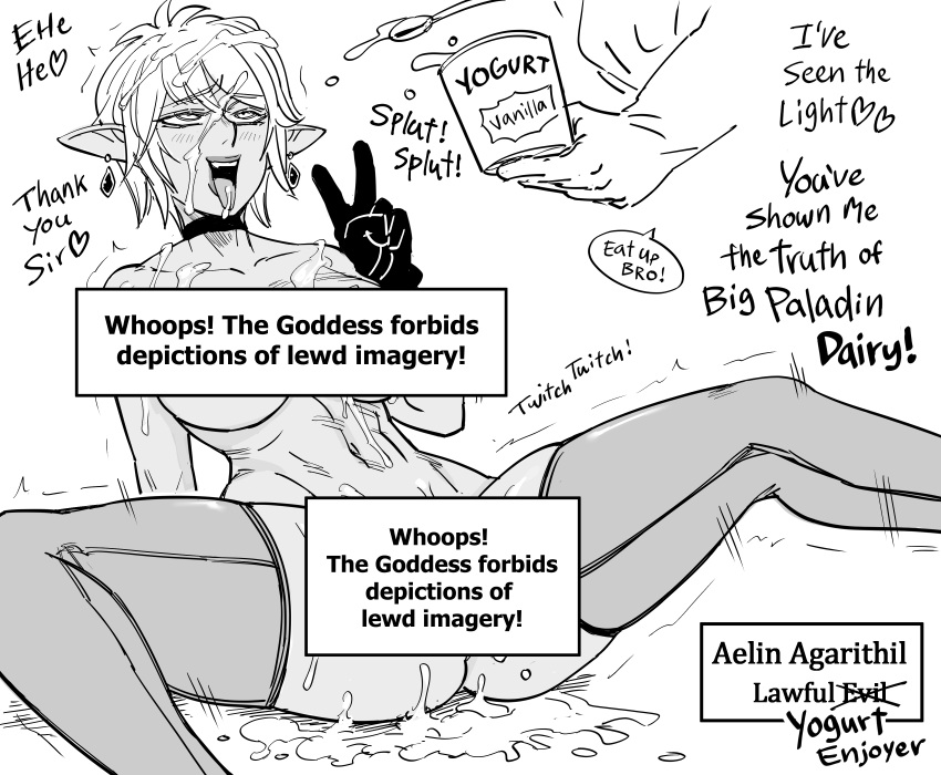 1girl absurdres ahegao bb_(baalbuddy) censored choker commentary commission dark-skinned_female dark_elf dark_skin earrings elf english_commentary english_text gloves greyscale heart highres instant_loss jewelry monochrome nude original out_of_frame parody pointy_ears rolling_eyes short_hair simple_background solo_focus spoon spread_legs text_censor thighhighs tongue tongue_out v white_background yogurt