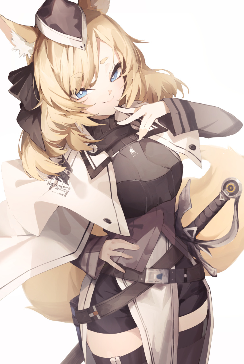 1girl animal_ear_fluff animal_ears ankoro_mochi arknights belt black_legwear black_sleeves blonde_hair blue_eyes breasts capelet closed_mouth commentary cowboy_shot forehead hair_ornament hand_on_hip hand_up hat highres horse_ears horse_girl horse_tail long_sleeves looking_at_viewer simple_background smile solo split_mouth tail thick_eyebrows thighhighs w weapon weapon_on_back whislash_(arknights) white_background