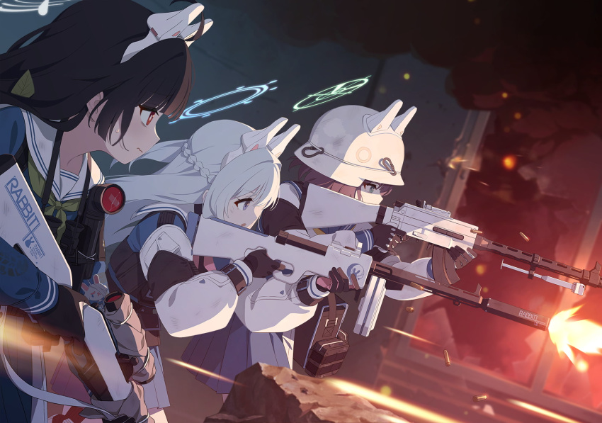 3girls aiming animal_ear_headphones bag battle binoculars blue_archive blurry blurry_background bolt_action fingerless_gloves gloves gun halo headphones helmet highres lahti-saloranta_m/26 light_machine_gun long_hair looking_to_the_side miyako_(blue_archive) miyu_(blue_archive) mosin-nagant multiple_girls official_art rifle saki_(blue_archive) school_uniform short_hair smoke sniper_rifle submachine_gun suomi_kp/-31 tactical_clothes weapon