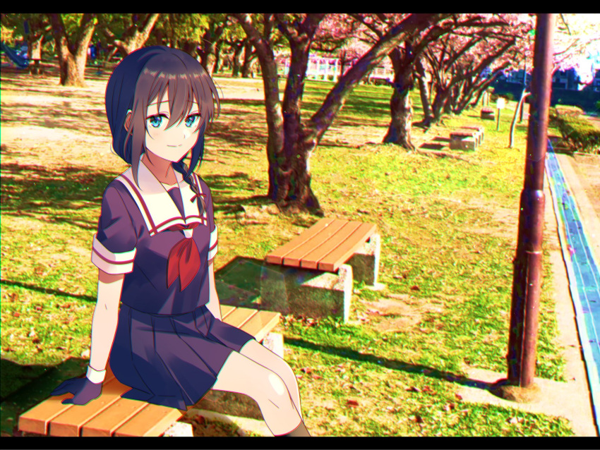 1girl ahoge bench black_gloves black_hair black_serafuku black_skirt blue_eyes braid gloves hair_over_shoulder highres kantai_collection neckerchief outdoors photo_background pleated_skirt pole red_neckerchief sailor_collar school_uniform serafuku shigure_(kancolle) skirt solo tree white_sailor_collar yukichi_(eikichi)