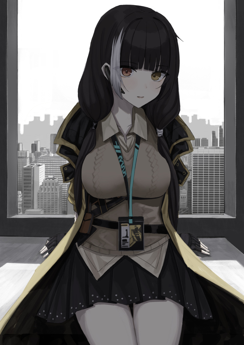 absurdres arms_behind_back bangs beige_shirt beige_sweater black_gloves black_hair black_jacket black_skirt blunt_bangs breasts building cityscape collarbone commentary_request day eyebrows eyebrows_visible_through_hair fingerless_gloves girls'_frontline gloves grey_sky hairband head_tilt heterochromia highres id_card jacket large_breasts legs_together looking_at_viewer low_twintails mado_mdmbx_(wjjj5485) multicolored_clothes multicolored_hair multicolored_jacket parted_lips red_eyes ro635_(girls'_frontline) shirt sitting skirt sky skyscraper streaked_hair sweater thigh_gap thighs twintails white_hair white_hairband window yellow_eyes yellow_jacket