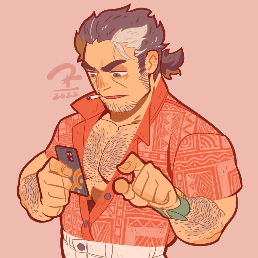 1boy arm_hair bara chest_hair chibi cigarette collared_shirt dk_(den_ai_d) facial_hair hair_strand hairy highres holding holding_phone large_pectorals long_sideburns male_focus mononobe_kyoma multicolored_hair muscular muscular_male old old_man open_clothes open_shirt parody pectoral_cleavage pectorals phone shirt short_hair sideburns smoking solo streaked_hair stubble style_parody thick_eyebrows tokyo_afterschool_summoners upper_body wan_sheng_jie wan_sheng_jie_(style) white_hair wrinkled_skin