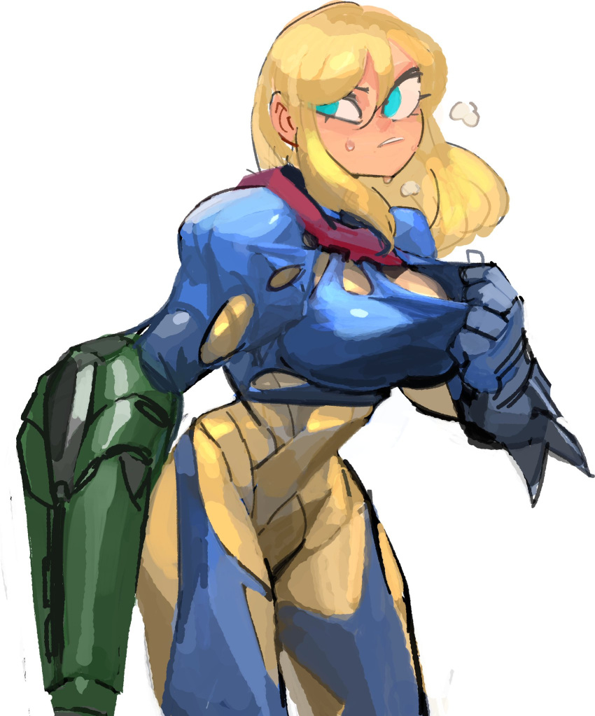 1girl 33dot aqua_eyes arm_cannon blonde_hair breasts cleavage_reach fusion_suit highres hot large_breasts medium_hair metroid metroid_fusion no_headwear no_helmet power_armor power_suit samus_aran solo sweat torn_clothes weapon white_background