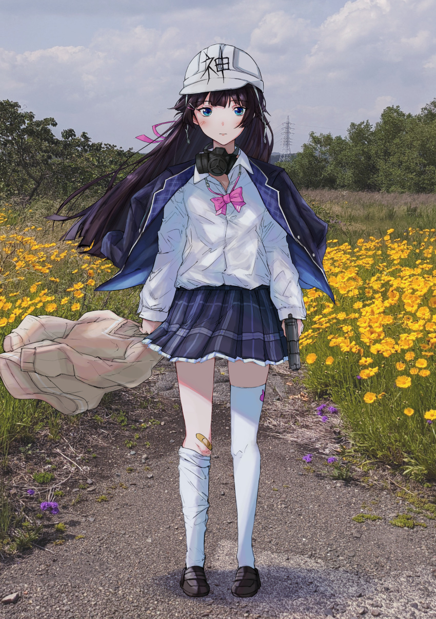 1girl absurdres asymmetrical_legwear bandaid bandaid_on_knee bandaid_on_leg black_hair blazer blush bow bowtie brown_cardigan cardigan cardigan_removed cloud cloudy_sky collared_shirt denpa_onna_to_seishun_otoko dorothy_xi expressionless floating_hair flower full_body gun hair_ornament hair_ribbon hairclip handgun hardhat hat helmet highres holding holding_gun holding_weapon jacket jacket_on_shoulders loafers long_hair long_sleeves looking_at_viewer loose_bowtie mask mask_removed nijisanji outdoors photo_background pink_bow pink_bowtie pink_ribbon pistol plaid plaid_skirt pleated_skirt respirator revision ribbon school_uniform shinsei_kamattechan shirt shoes skirt sky solo thighhighs transmission_tower tree tsukino_mito uneven_legwear virtual_youtuber weapon