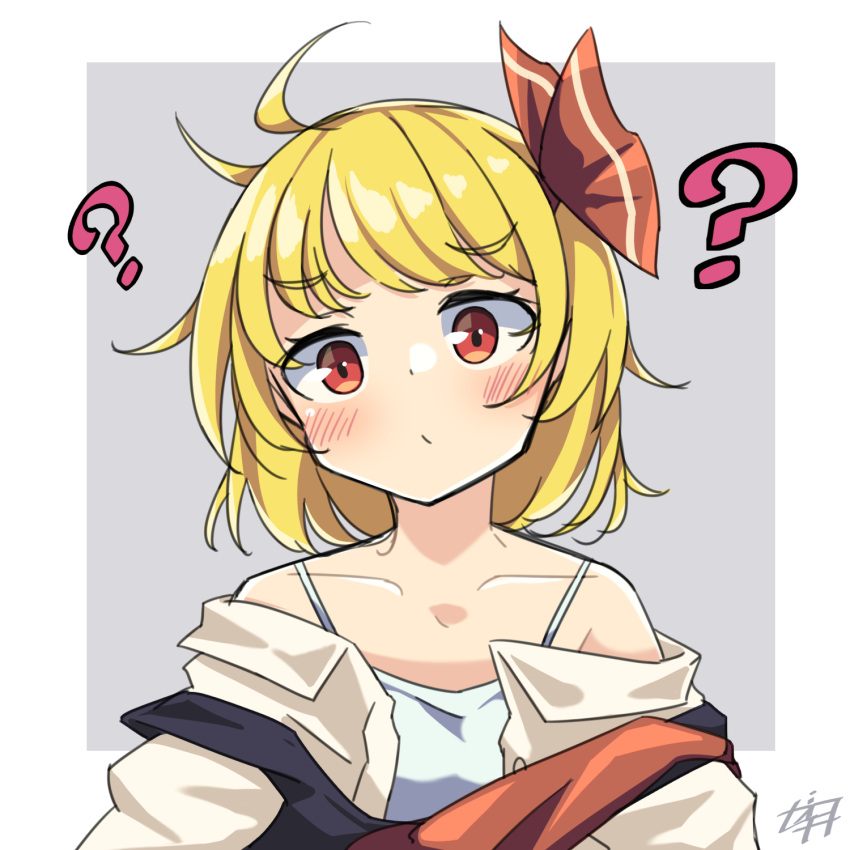 1girl ? ?? ahoge bangs bare_shoulders blonde_hair blush collarbone eyebrows_visible_through_hair grey_background hair_ribbon highres looking_at_viewer off_shoulder red_eyes red_ribbon ribbon rumia shirt short_hair solo spoken_question_mark touhou upper_body white_shirt woruta_(soloistlist)