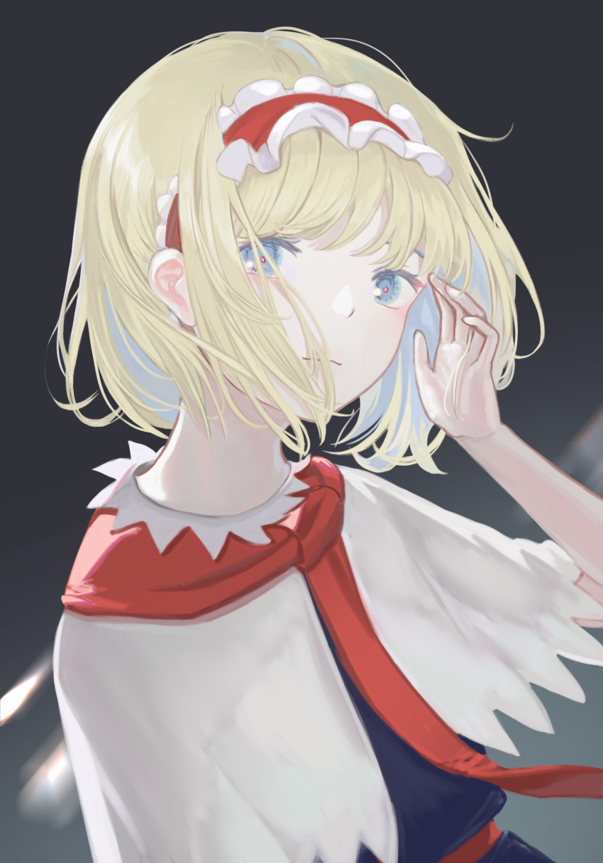 1girl :| adjusting_hair alice_margatroid bangs blonde_hair blue_dress blue_hair blunt_bangs capelet closed_mouth commentary dress eyebrows_behind_hair frilled_hairband frills grey_background hairband hand_up highres looking_at_viewer red_hairband red_scarf scarf short_hair simple_background sly930105 solo touhou upper_body white_capelet