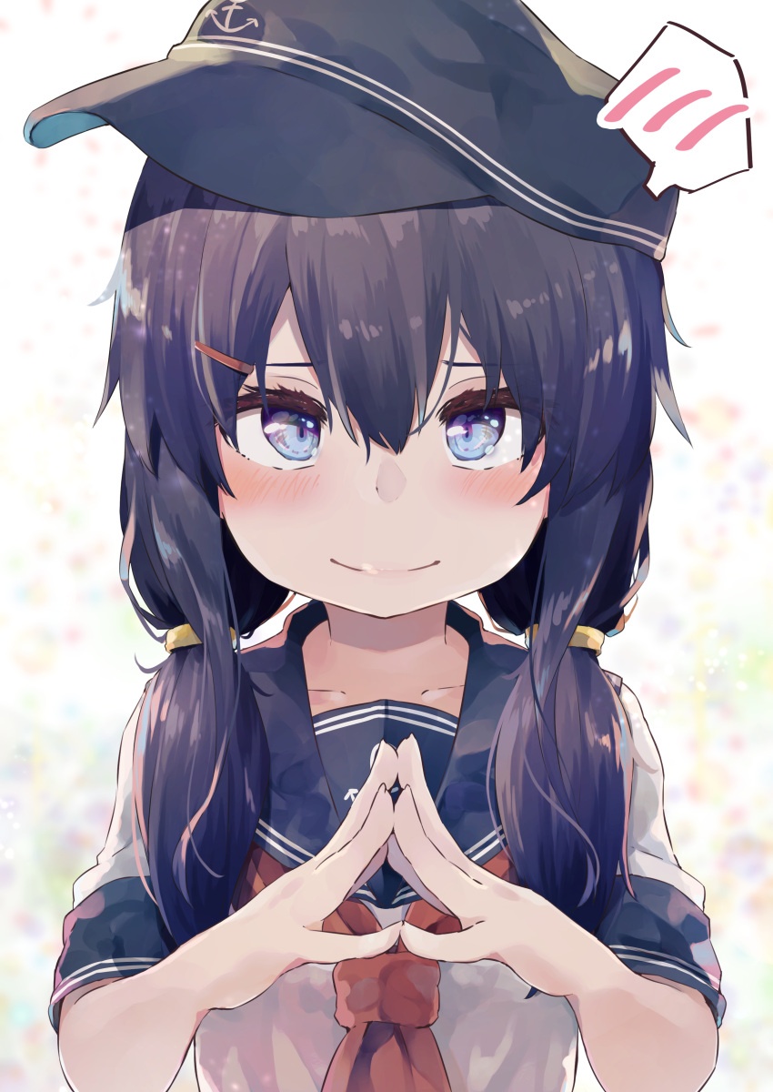 1girl absurdres akatsuki_(kancolle) alternate_hairstyle anchor_symbol black_sailor_collar blouse blush collarbone eyebrows_visible_through_hair fingers_together flat_cap gradient gradient_background hair_between_eyes hat highres kantai_collection long_hair looking_at_viewer low_twintails messy_hair neckerchief purple_eyes purple_hair red_neckerchief sailor_collar school_uniform serafuku shorts smile solo taisho_(gumiyuki) twintails upper_body white_background white_blouse