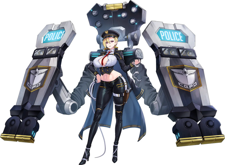 1girl between_breasts blonde_hair breasts c.honey cape cleavage cuffs full_body game_cg gun hair_between_eyes handcuffs handgun hat highres large_breasts last_origin looking_at_viewer midriff navel necktie necktie_between_breasts official_art pants pistol police police_hat police_uniform policewoman power_suit purple_eyes sadius_of_retribution short_hair smile solo tachi-e tight tight_pants transparent_background uniform weapon whip