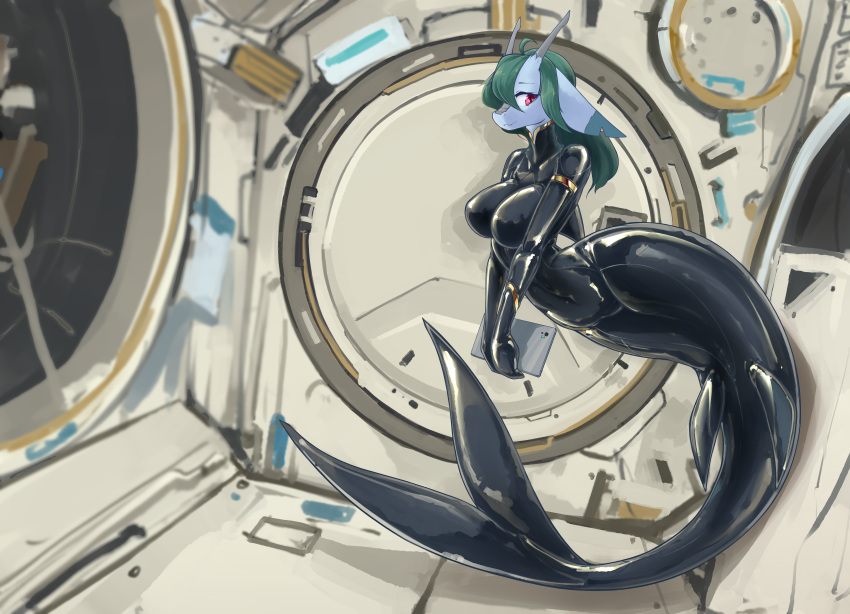 absurd_res animal_humanoid anthro astronaut astronaut_suit big_breasts breasts clothed clothing collar dragon dragon_humanoid female hair hi_res horn humanoid latex latex_clothing looking_at_viewer marine merfolk rubber rubber_clothing rubber_suit shanher shanher_(oc) smile solo spacecraft spacesuit split_form vehicle weightlessness
