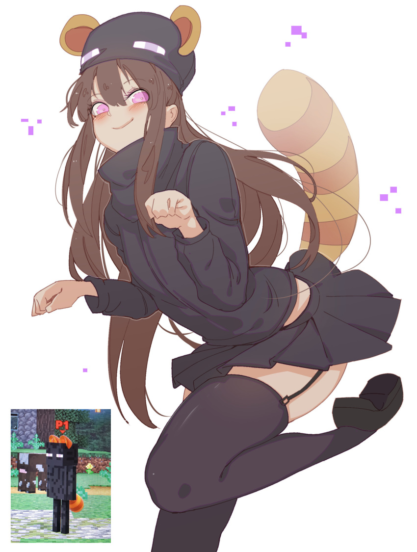 1girl absurdres ander_(at2.) animal_ears at2. black_legwear black_skirt blush brown_hair closed_mouth enderman eyebrows_visible_through_hair garter_straps highres long_hair long_sleeves looking_at_viewer minecraft personification pleated_skirt purple_eyes raccoon_ears raccoon_tail screencap_inset skirt smile solo super_smash_bros. tail thighhighs