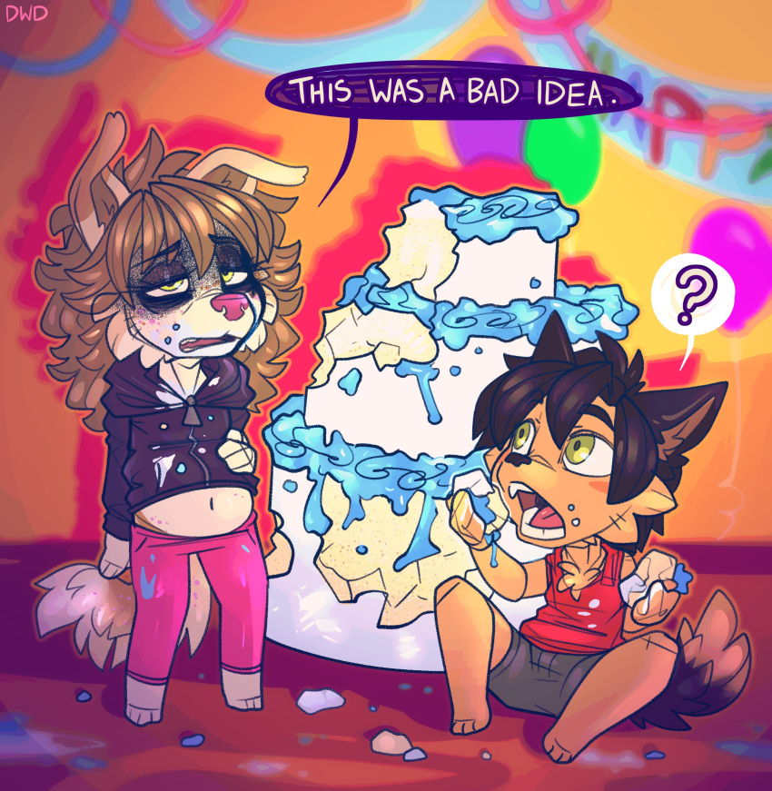 absurd_res anthro baggy_eyes barefoot birthday birthday_cake bottomwear cake canid canine canis chest_tuft chibi clothing dessert dimmi_(character) dimwitdog domestic_dog duo eating feet female food frosting fur green_eyes hi_res hoodie male mammal open_mouth overeating pants shirt shorts sitting tan_body tan_fur tank_top teeth tongue topwear tuft vin_(ng_canadian)