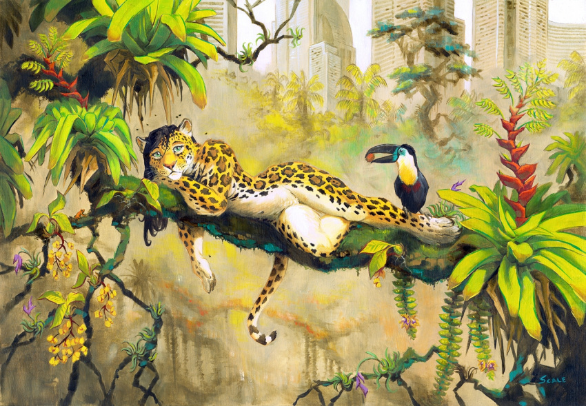 2022 4_toes ambient_frog anthro avian bird black_hair branch breasts city cityscape claws feet felid female fingers fur hair hindpaw humanoid_hands jaguar jungle lying lying_on_branch mammal nude oil_painting_(artwork) on_branch on_side painting_(artwork) pantherine paws scale_(artist) signature solo spots spotted_body spotted_fur toe_claws toes toucan traditional_media_(artwork) yellow_body yellow_fur