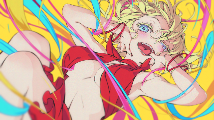 1girl absurdres armpits blonde_hair blue_eyes bracelet breasts dress eyelashes fingernails floating floating_hair highres jewelry looking_at_viewer mouth_pull nobusawa_osamu open_mouth original red_dress solo teeth tongue underboob yellow_background