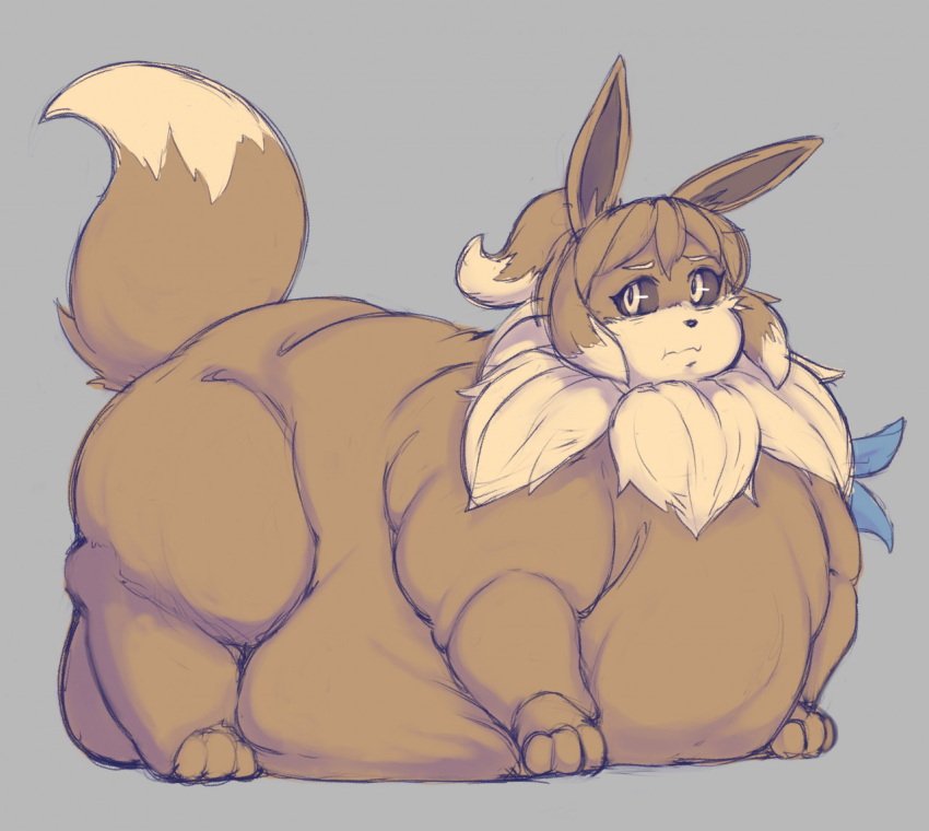 2022 all_fours armband bangs black_sclera brown_body brown_fur dipstick_tail eevee female feral fur grey_background hair kittenboogers markings morbidly_obese morbidly_obese_female morbidly_obese_feral neck_tuft nintendo obese obese_female obese_feral overweight overweight_female overweight_feral pok&eacute;mon pok&eacute;mon_(species) ponytail simple_background solo tail_markings tuft video_games yellow_eyes