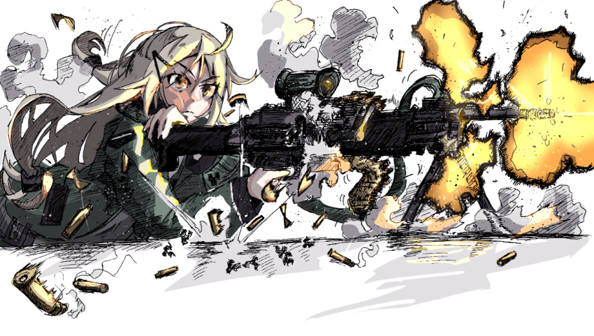 1girl closed_mouth colorized commentary_request firing girls'_frontline gun h&amp;k_mg4 hair_between_eyes hair_ornament hairclip holding holding_gun holding_weapon jacket jamie_leano long_hair looking_ahead machine_gun mg4_(girls'_frontline) serious solo weapon