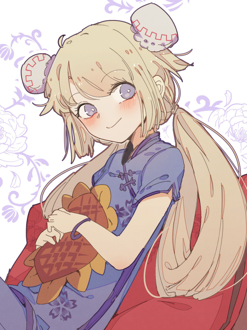 1girl at2. blonde_hair blue_dress blush bracelet bun_cover character_request china_dress chinese_clothes closed_mouth copyright_request dress eyebrows_visible_through_hair highres jewelry long_hair looking_at_viewer low_twintails short_sleeves sitting smile solo twintails