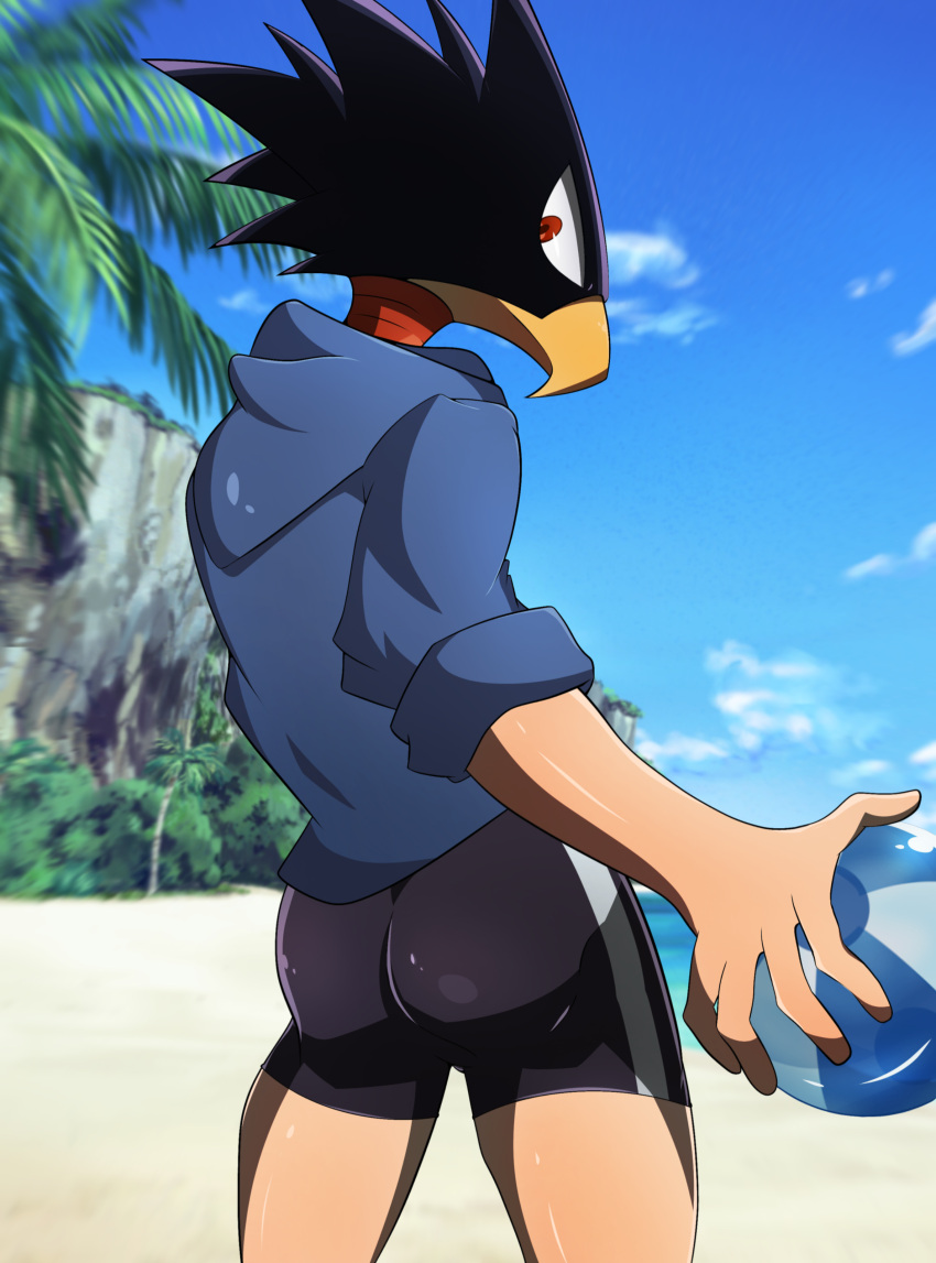 2018 5_fingers absurd_res animal_head avian ball beach beak butt clothing cloud day detailed_background fingers for_a_head fumikage_tokoyami hi_res holding_object looking_at_viewer male my_hero_academia palm_tree plant red_eyes seaside solo soruagreninja tree water