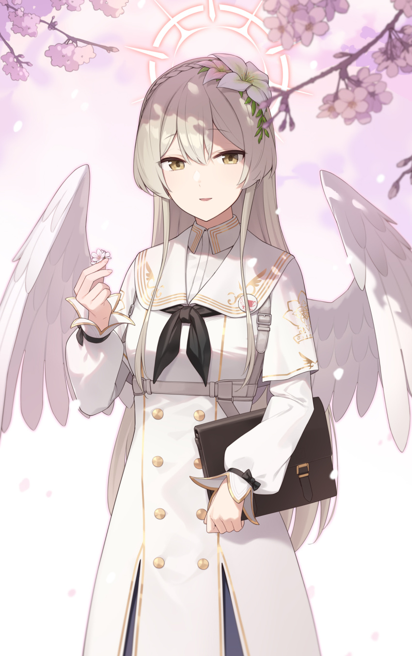 1girl angel_wings bag bangs belt blonde_hair blue_archive braid branch buttons commentary crown_braid double-breasted dress enosan feathered_wings flower hair_between_eyes hair_flower hair_ornament halo highres holding holding_flower long_hair long_sleeves looking_at_viewer nagisa_(blue_archive) parted_lips smile solo very_long_hair white_dress white_wings wings yellow_eyes