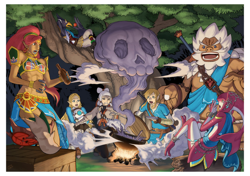 3boys 4girls 555 absurdres anklet beak beard bird_boy blonde_hair box campfire cooking daruk facial_hair fish_girl gerudo goron hair_bun head_fins highres hyrule_warriors:_age_of_calamity impa jewelry korok link long_hair mipha multiple_boys multiple_girls muscular muscular_female night open_mouth princess_zelda red_hair revali rito sash skull smoke surprised sword terrako the_legend_of_zelda the_legend_of_zelda:_breath_of_the_wild tree urbosa very_long_hair weapon white_hair zora