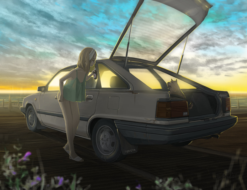 1girl blonde_hair blue_sky bottle car closed_mouth cloud cloudy_sky commentary_request dog drink evening gradient_sky green_swimsuit ground_vehicle holding holding_bottle holding_drink jettoburikku looking_at_another medium_hair motor_vehicle ocean original rust sandals sky smile swimsuit tail_lights toyota toyota_camry twilight vehicle_focus yellow_sky yorkshire_terrier