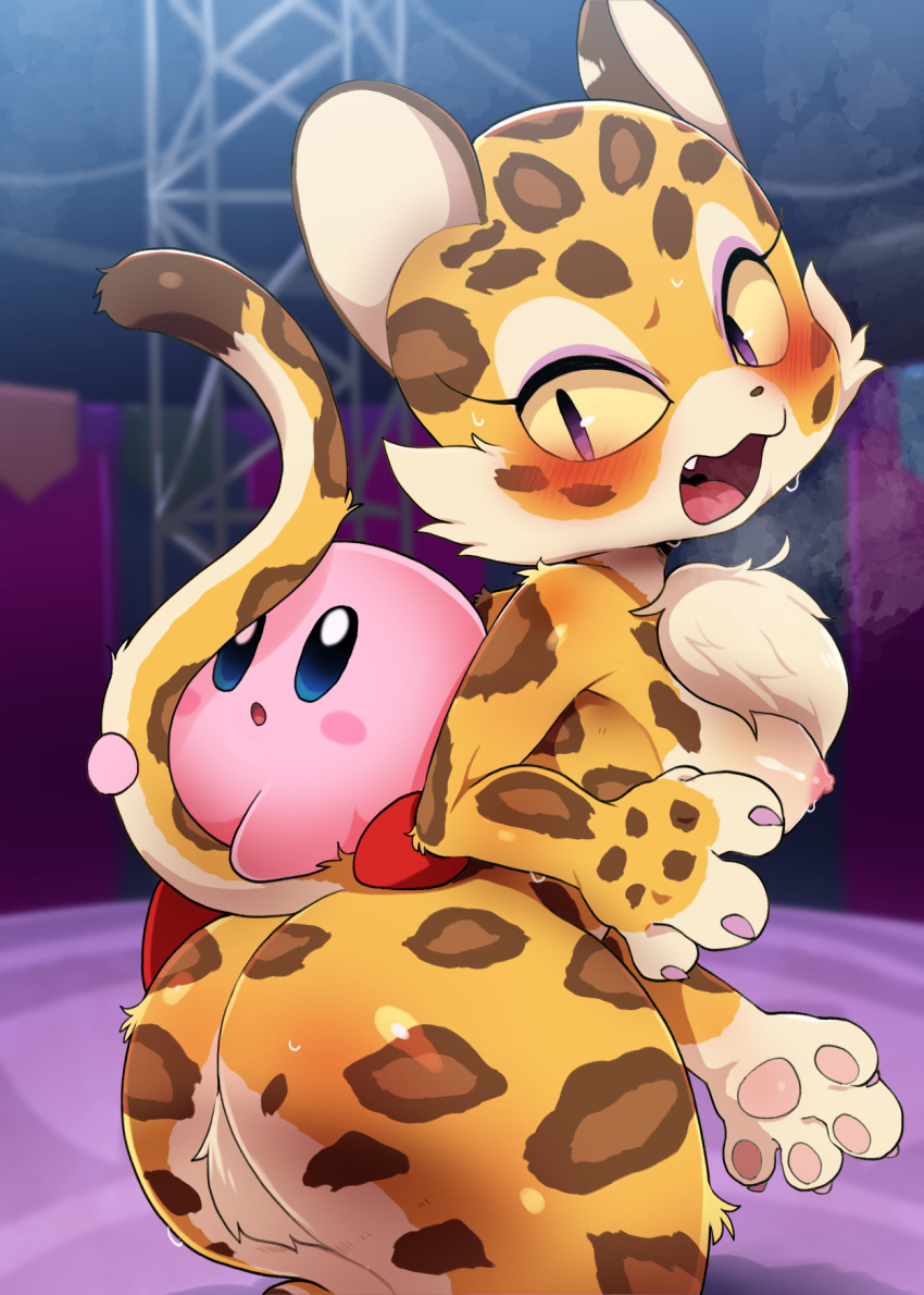 2022 anthro big_butt blush bodily_fluids breasts butt clawroline dagasi duo felid feline female hi_res huge_butt kirby kirby_(series) kirby_and_the_forgotten_land leopard mammal nintendo nipples nude pantherine sweat video_games waddling_head