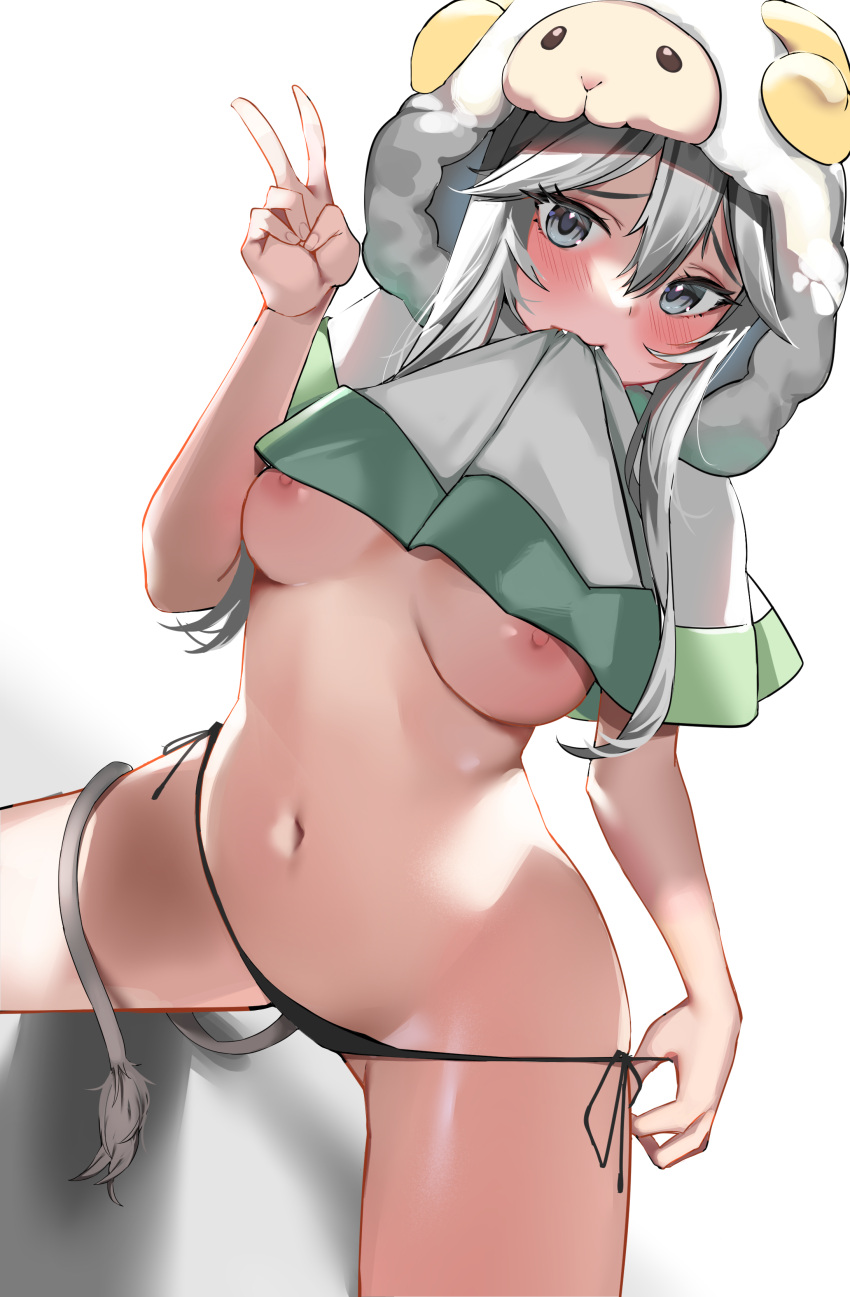 1girl absurdres adapted_costume animal_hood bikini bikini_bottom_only blush breasts clothes_lift english_commentary eyelashes fangs feet_out_of_frame furrowed_brow grey_eyes groin hair_between_eyes highres hololive hood hood_up korean_commentary legs_apart lifted_by_self lion_tail long_hair looking_at_viewer medium_breasts mixed-language_commentary mouth_hold navel nipples no_bra official_alternate_costume sheep_hood shishiro_botan side-tie_bikini sidelocks silver_hair simple_background solo stomach strap_pull swimsuit tail torpedo_(gad3757) v virtual_youtuber white_background