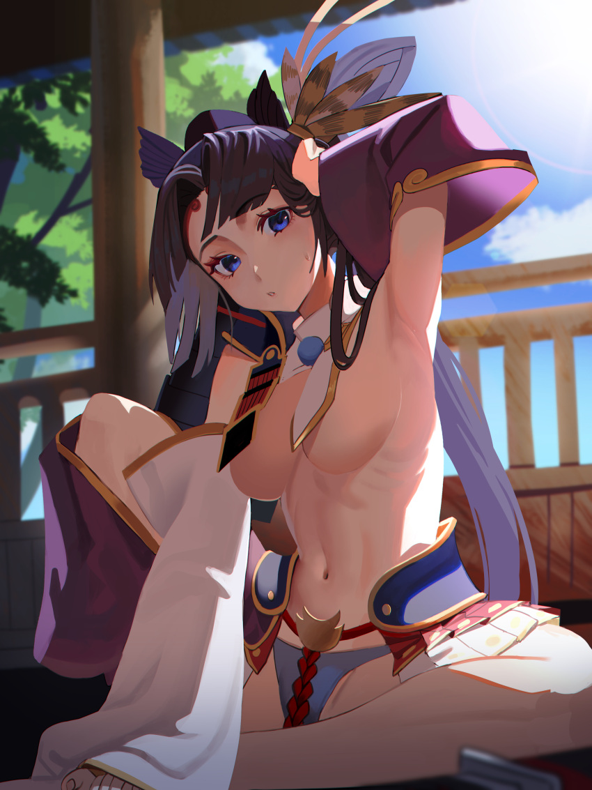 1girl :o absurdres arm_up armpits asymmetrical_sleeves bangs black_hair blue_eyes blue_panties blue_sky breast_curtains breasts circlet day detached_sleeves eyebrows_visible_through_hair fate/grand_order fate_(series) feather_hair_ornament feathers hair_ornament hand_on_own_head highres indoors jiki_(gkdlfnzo1245) knee_up large_breasts long_hair long_sleeves looking_at_viewer miniskirt mismatched_sleeves on_floor panties parted_bangs parted_lips pleated_skirt seat showgirl_skirt sitting skirt sky solo spread_legs sunlight underwear ushiwakamaru_(fate) very_long_hair white_skirt