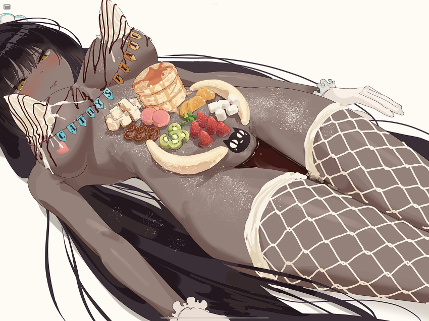 1girl banana black_hair blue_archive blush chocolate_syrup dark-skinned_female dark_skin embarrassed fishnet_legwear fishnets food food_on_body food_on_breasts frilled_gloves frills fruit gloves highres karin_(blue_archive) kiwi_(fruit) long_hair ltotyht lying maid_headdress marshmallow nude nyotaimori on_back pancake powdered_sugar pretzel simple_background solo stack_of_pancakes strawberry very_long_hair whipped_cream yellow_eyes