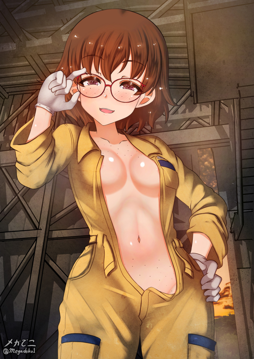 1girl aquaegg areola_slip areolae blush breasts brown_eyes brown_hair cleavage collarbone eyebrows_visible_through_hair freckles girls_und_panzer glasses gloves hand_on_hip highres indoors jumpsuit looking_at_viewer navel no_bra no_panties open_mouth red-framed_eyewear shiny shiny_hair short_hair smile solo tsuchiya_(girls_und_panzer) white_gloves