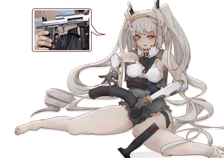 8_ni absurdres blush breasts covered_nipples desert_eagle desert_eagle_(girls'_frontline) dildo elbow_gloves foregrip frills girls'_frontline gloves grey_hair gun handgun highres long_hair medium_breasts naughty_face photo-referenced photo_inset reference_photo sex_toy shoe_removed sideboob sitting skindentation smile speech_bubble strap-on twintails very_long_hair weapon yellow_eyes