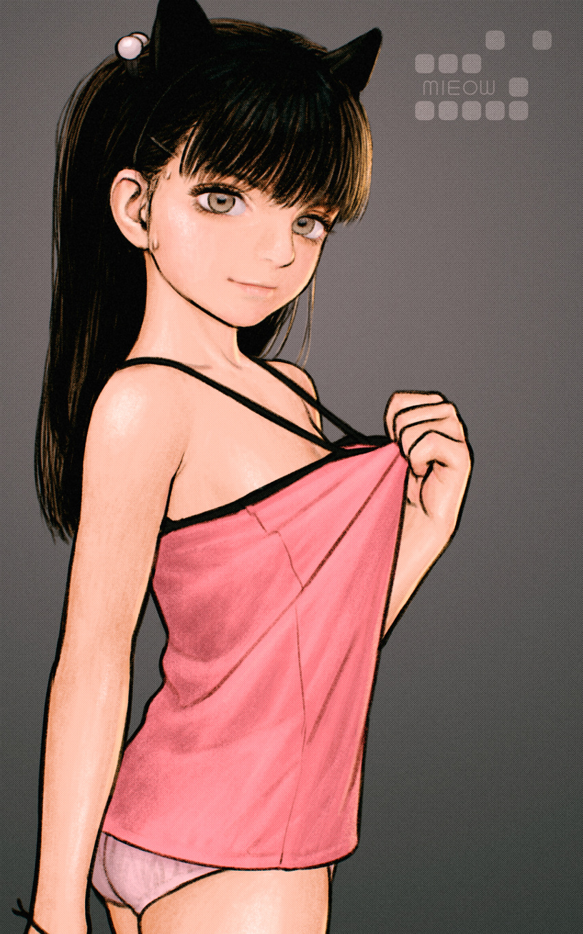 1girl animal_ears bangs black_hair brown_eyes camisole cowboy_shot extra_ears fake_animal_ears from_side grey_background highres long_hair looking_at_viewer no_pants original panties pink_camisole pink_panties rustle solo underwear