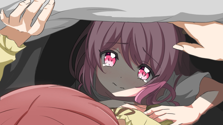 2girls bed_sheet blush brown_hair closed_mouth eyebrows_visible_through_hair hanazono_yurine highres isakuns jashin-chan_dropkick looking_at_another multiple_girls on_person pajamas pink_eyes pink_hair pino_(jashin-chan_dropkick) tears yuri